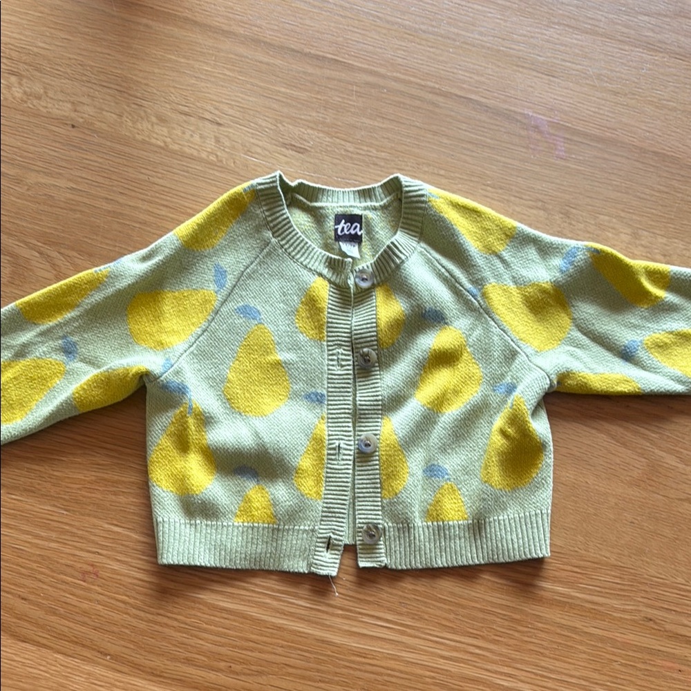 Tea Collection Light Green Cardigan with Yellow Pear Motif